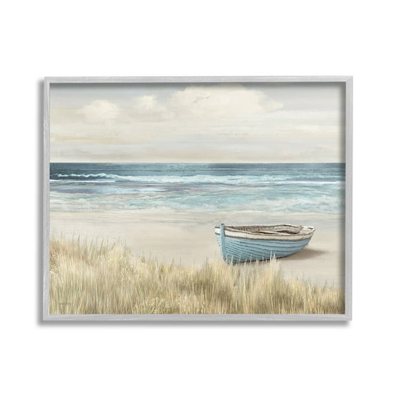 Stupell Industries Boat on Grassy Shore Landscape Painting Gray Framed Art Print Wall Art, 20 x 16