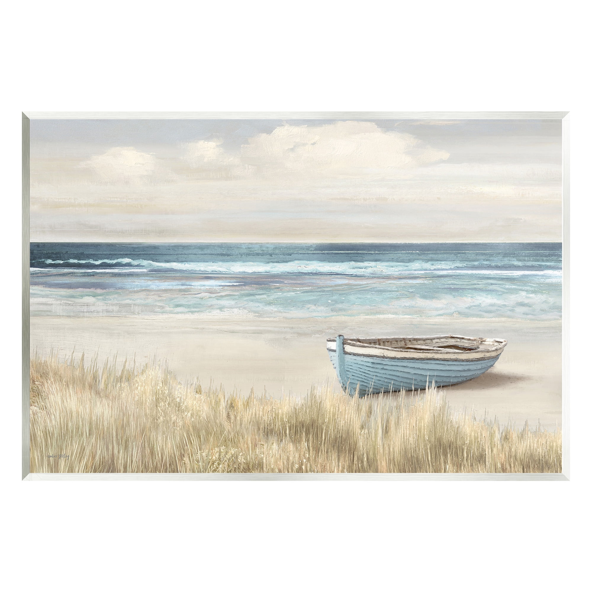 Stupell Industries Boat on Grassy Shore Landscape Painting Unframed Art Print Wall Art, 19 x 13