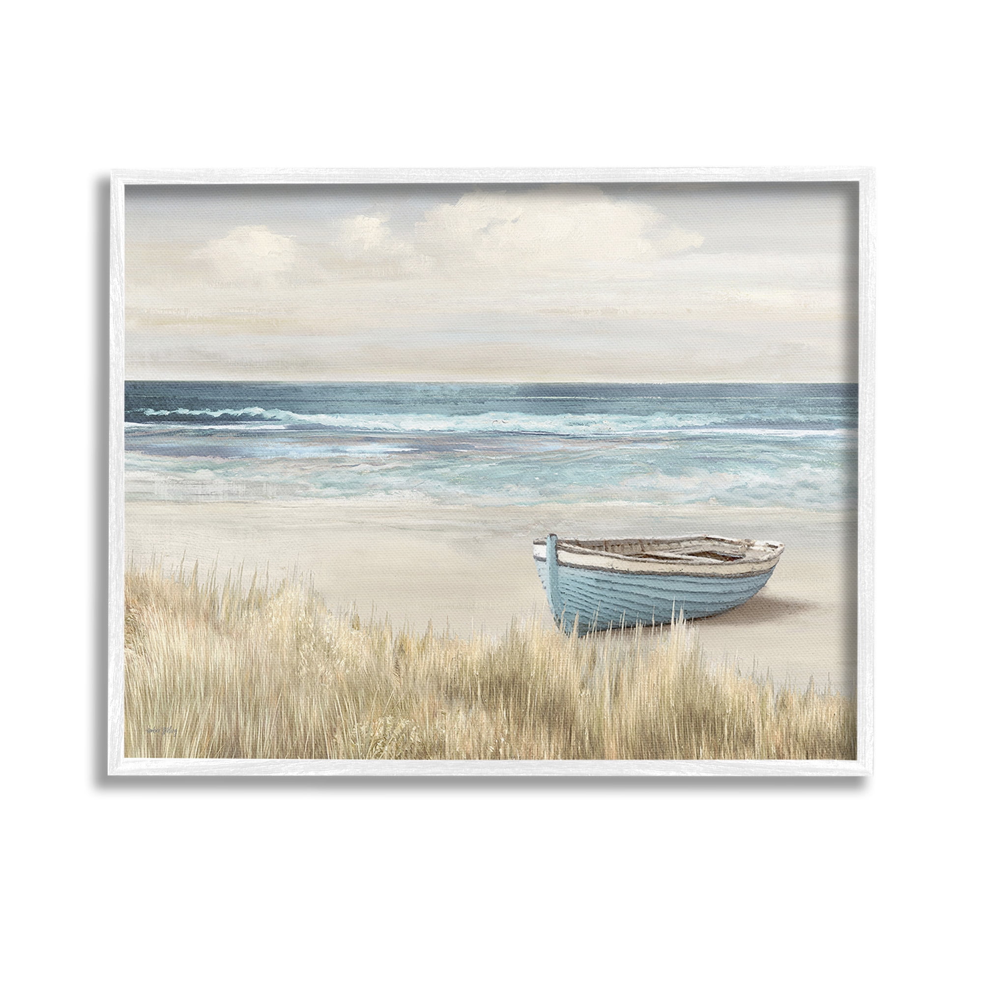 Stupell Industries Boat on Grassy Shore Landscape Painting White Framed Art Print Wall Art, 14 x 11