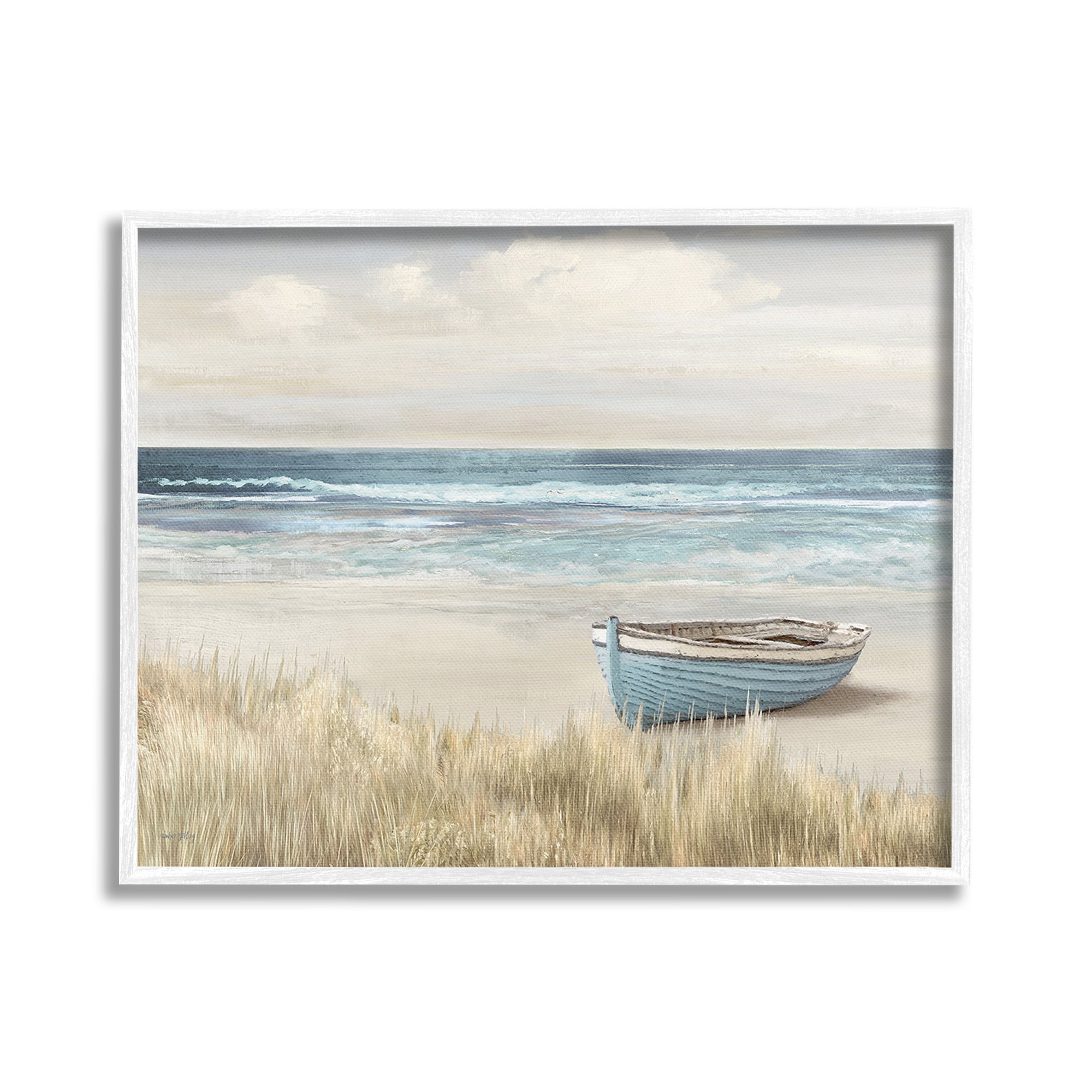 Stupell Industries Boat on Grassy Shore Landscape Painting White Framed Art Print Wall Art, 30 x 24