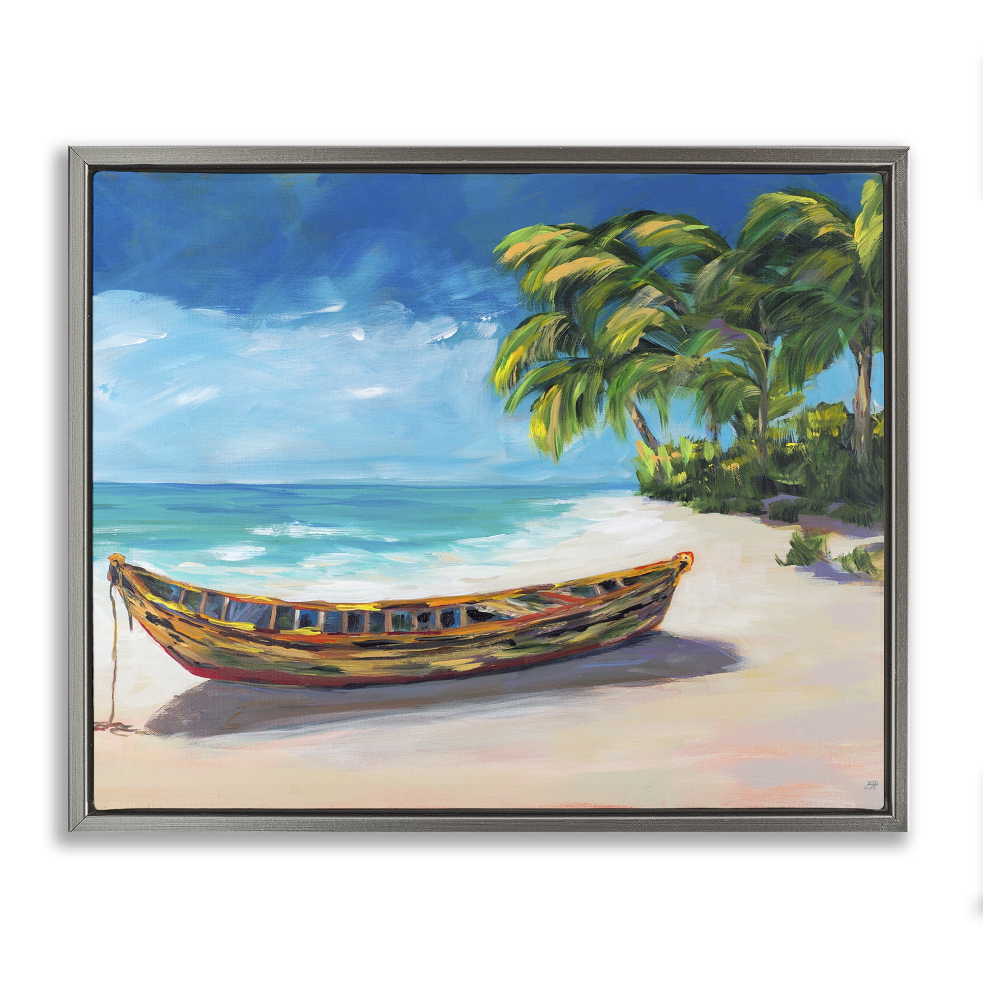 Stupell Industries Boat on Lost Island Gray Framed Floater Canvas Wall Art, design by Julie DeRice
