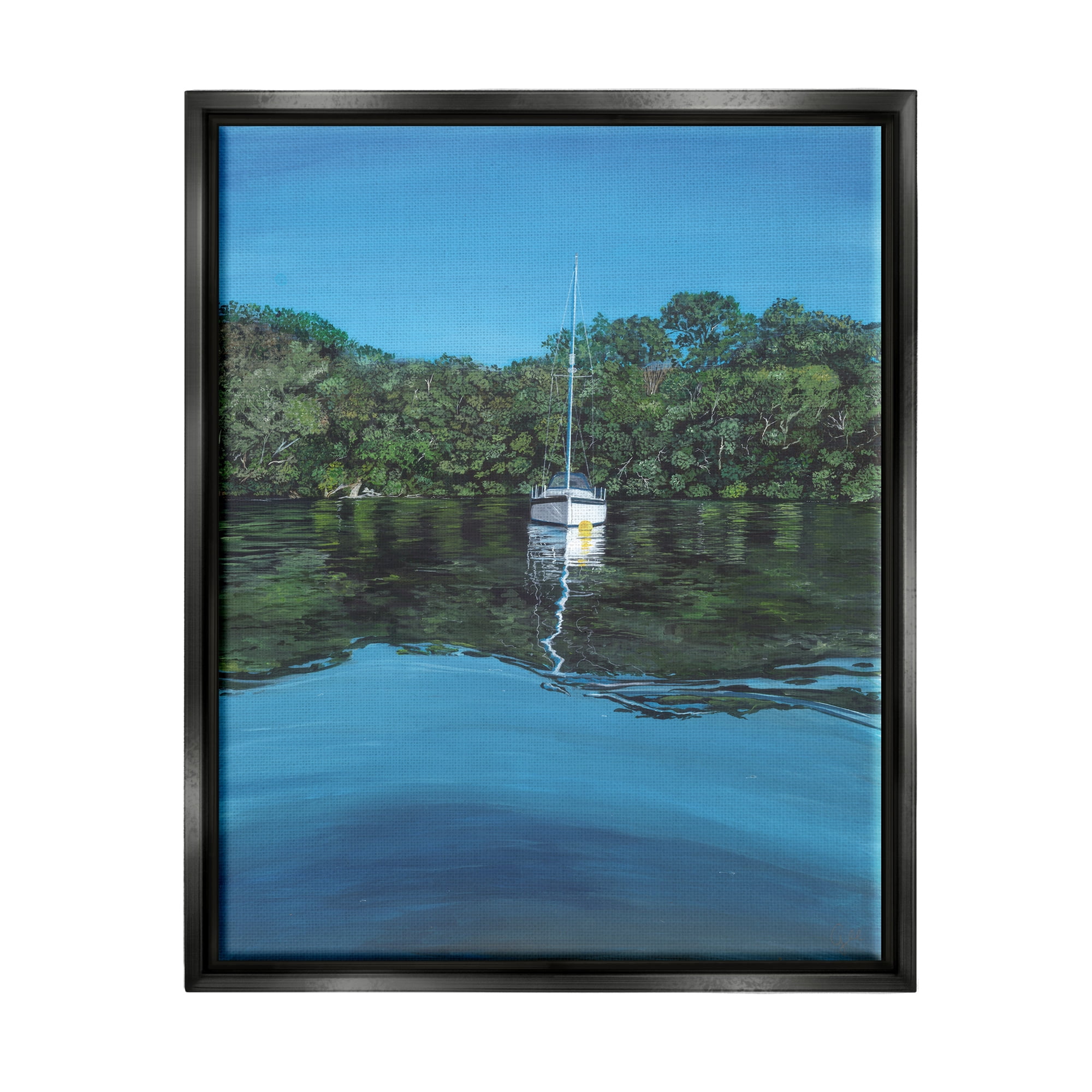 Stupell Industries Boat on Sea Ripples Transportation Painting Black Floater Framed Art Print Wall Art, 17 x 21