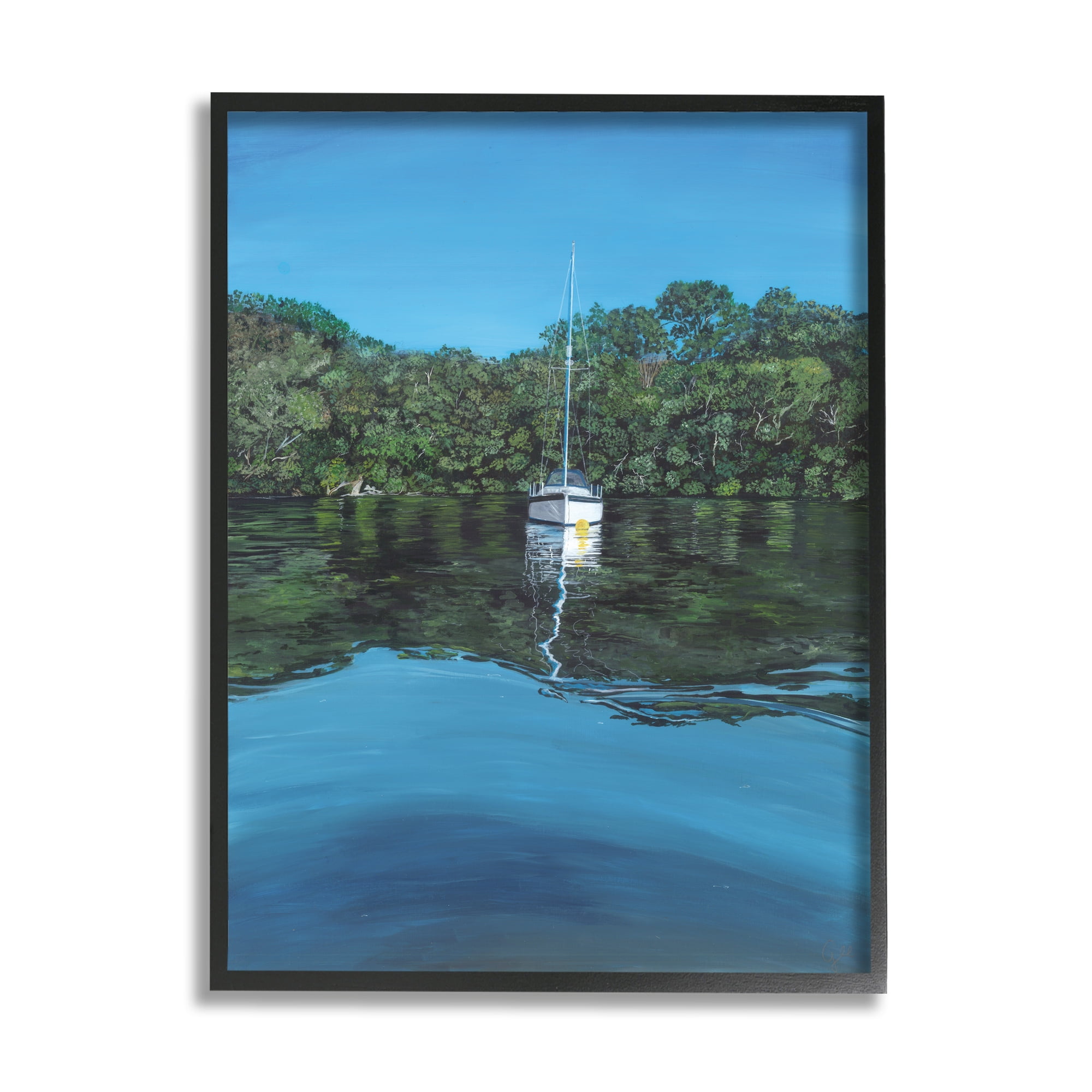 Stupell Industries Boat on Sea Ripples Transportation Painting Black Framed Art Print Wall Art, 16 x 20