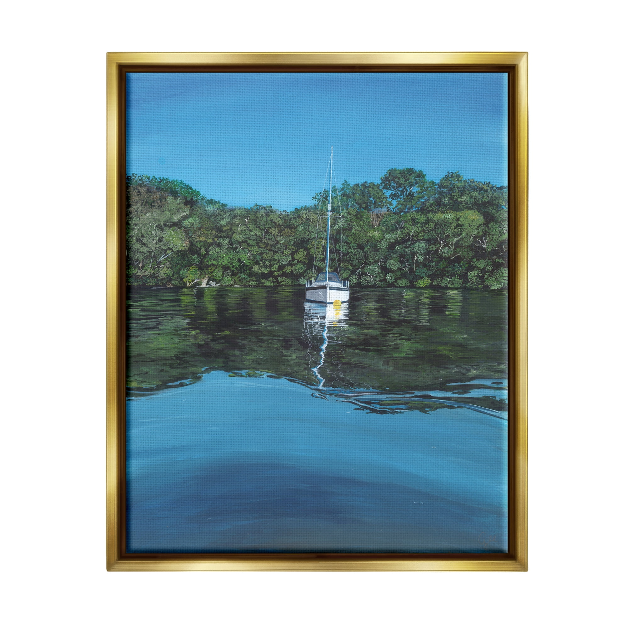 Stupell Industries Boat on Sea Ripples Transportation Painting Gold Floater Framed Art Print Wall Art, 25 x 31