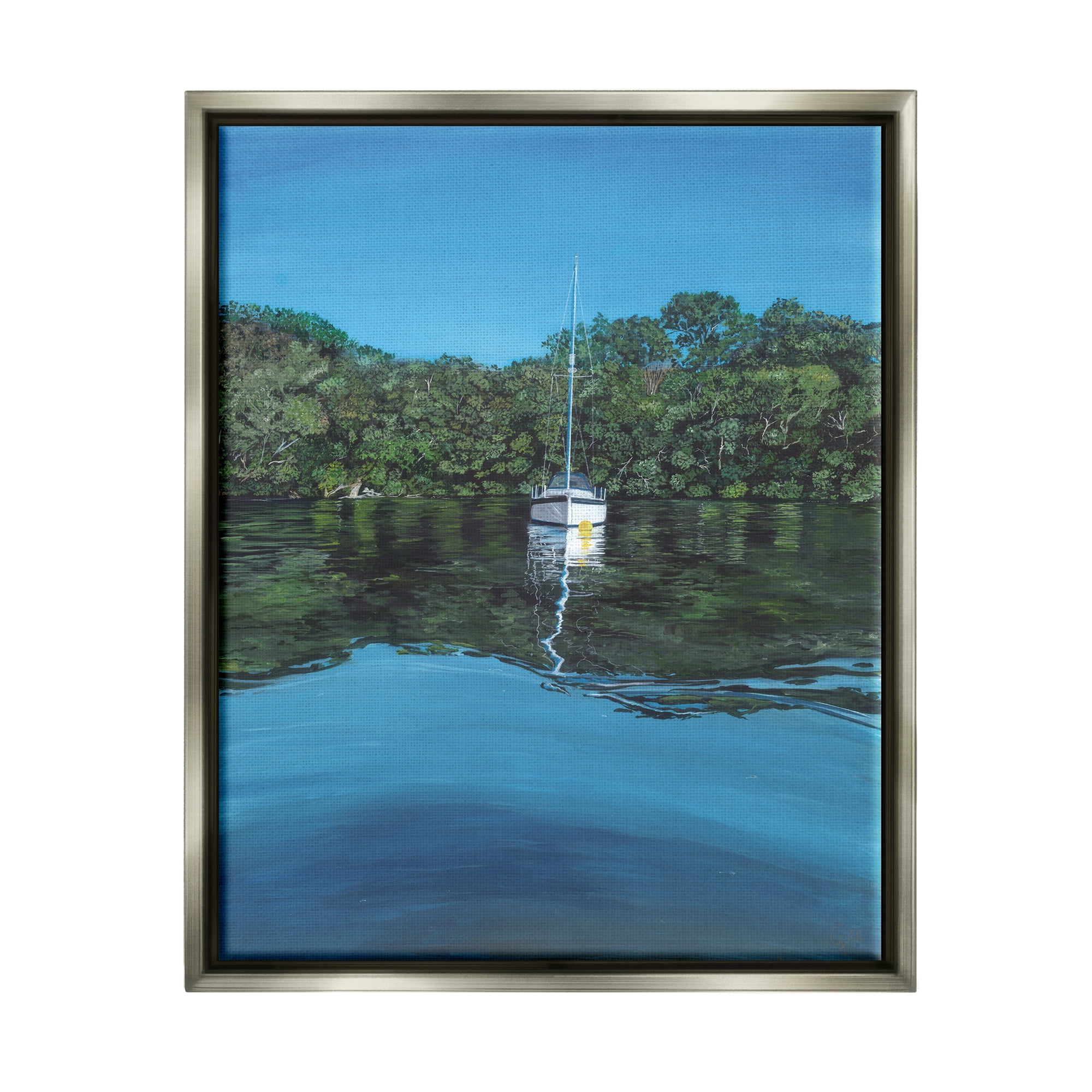 Stupell Industries Boat on Sea Ripples Transportation Painting Gray Floater Framed Art Print Wall Art, 17 x 21