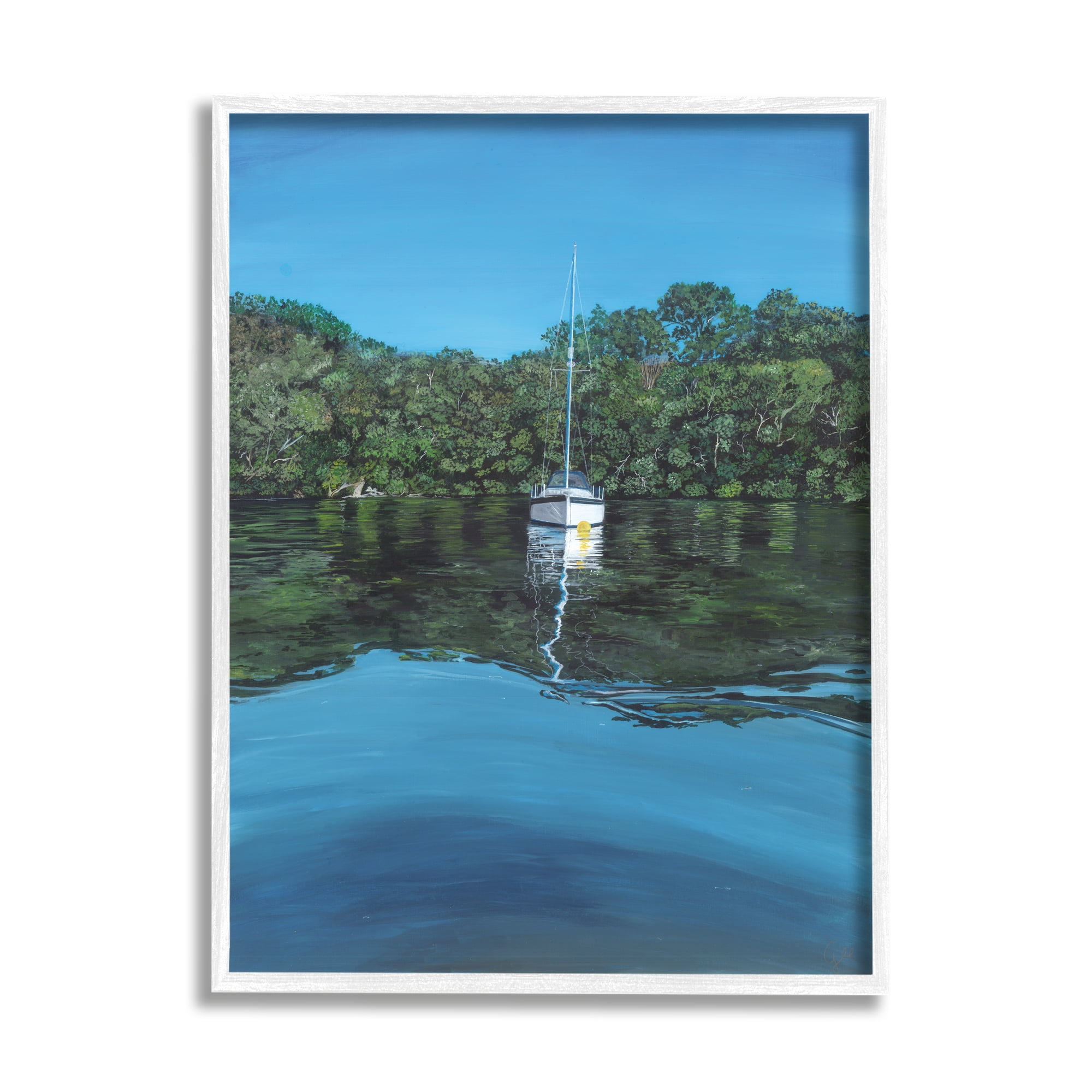 Stupell Industries Boat on Sea Ripples Transportation Painting White Framed Art Print Wall Art, 24 x 30