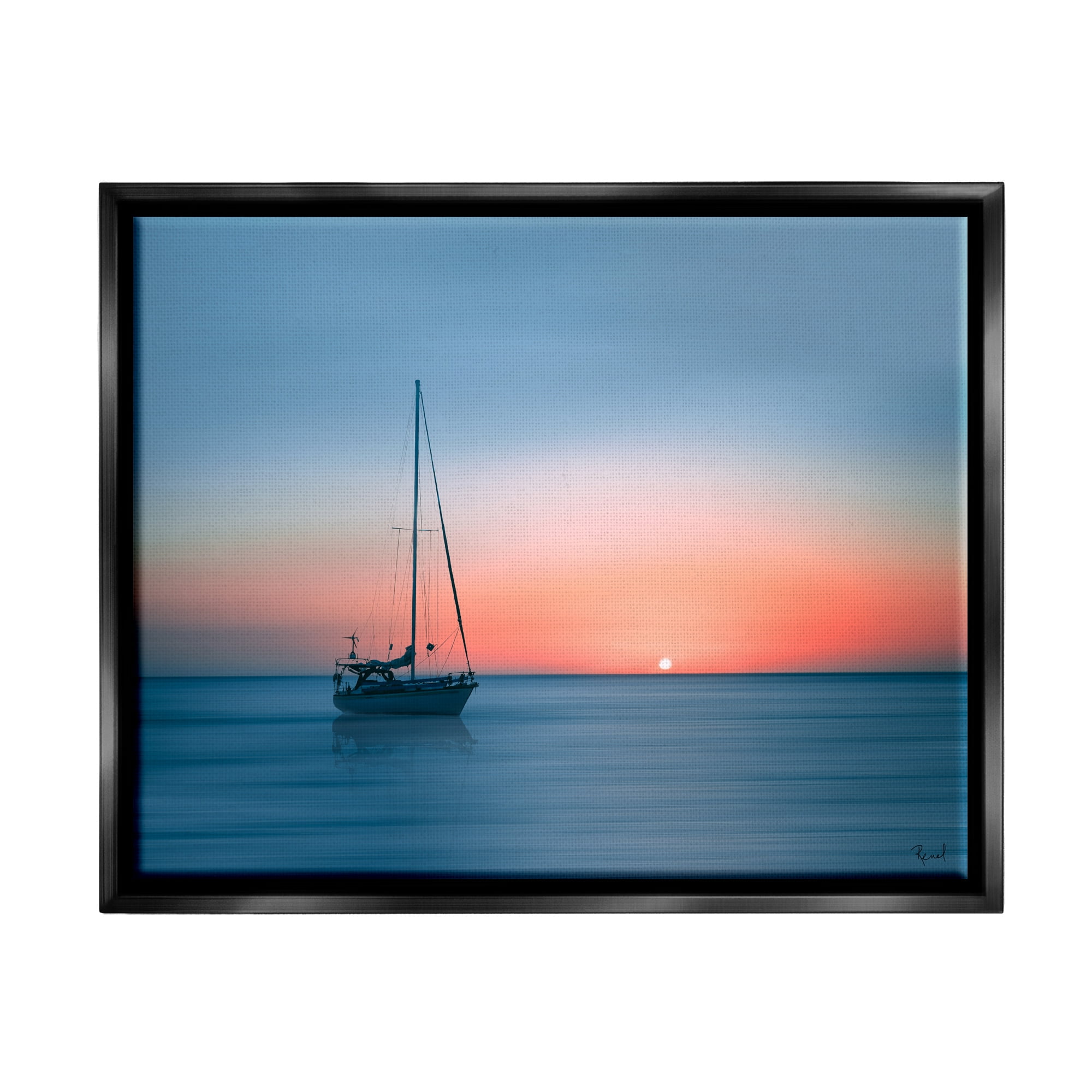 Stupell Industries Boat on Sunset Horizon Transportation Photography Black Floater Framed Canvas Art Print Wall Art, 31 x 25