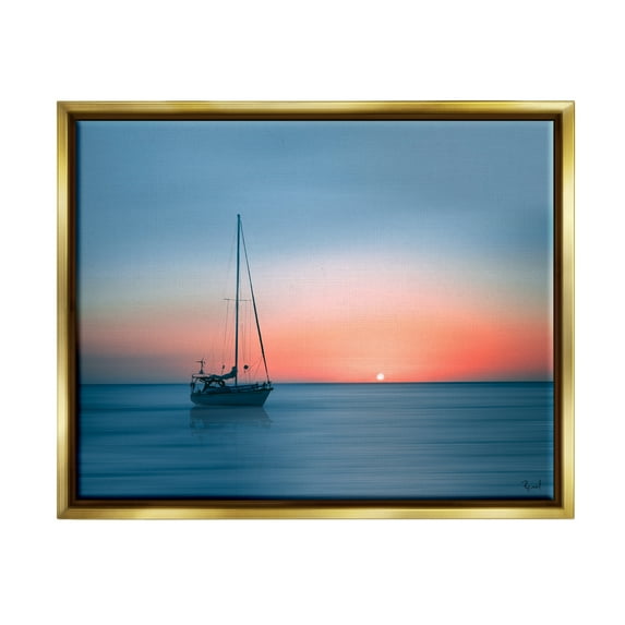 Stupell Industries Boat on Sunset Horizon Transportation Photography Gold Floater Framed Canvas Art Print Wall Art, 21 x 17