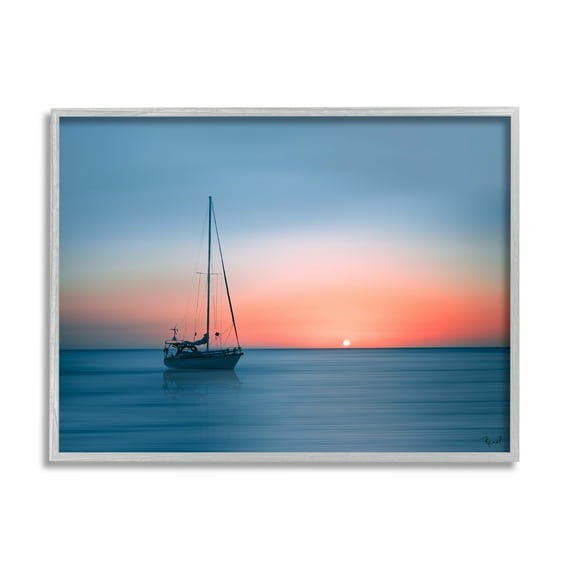 Stupell Industries Boat on Sunset Horizon Transportation Photography Gray Framed Art Print Wall Art, 14 x 11