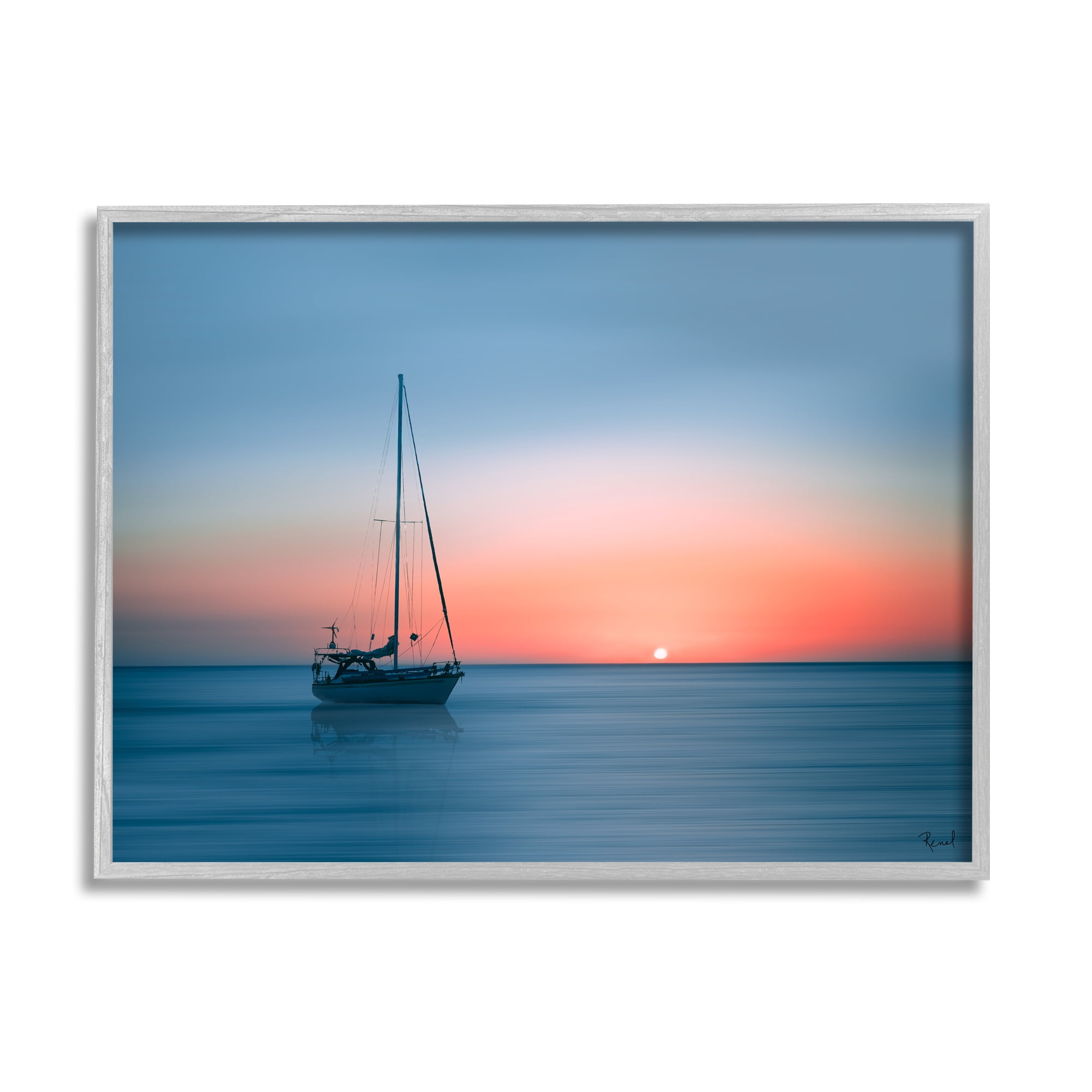 Stupell Industries Boat on Sunset Horizon Transportation Photography Gray Framed Art Print Wall Art, 30 x 24
