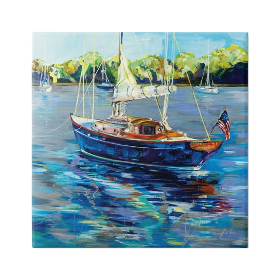 Stupell Industries Boat with American Flag Transportation Painting Gallery Wrapped Canvas Print Wall Art, 17 x 17