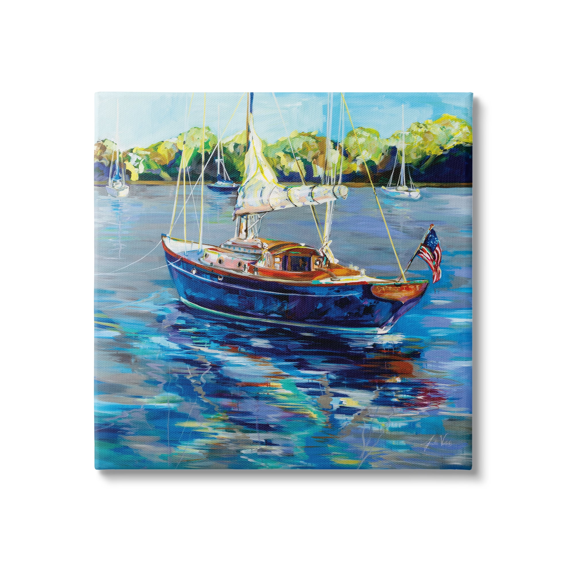 Stupell Industries Boat with American Flag Transportation Painting Gallery Wrapped Canvas Print Wall Art, 36 x 36