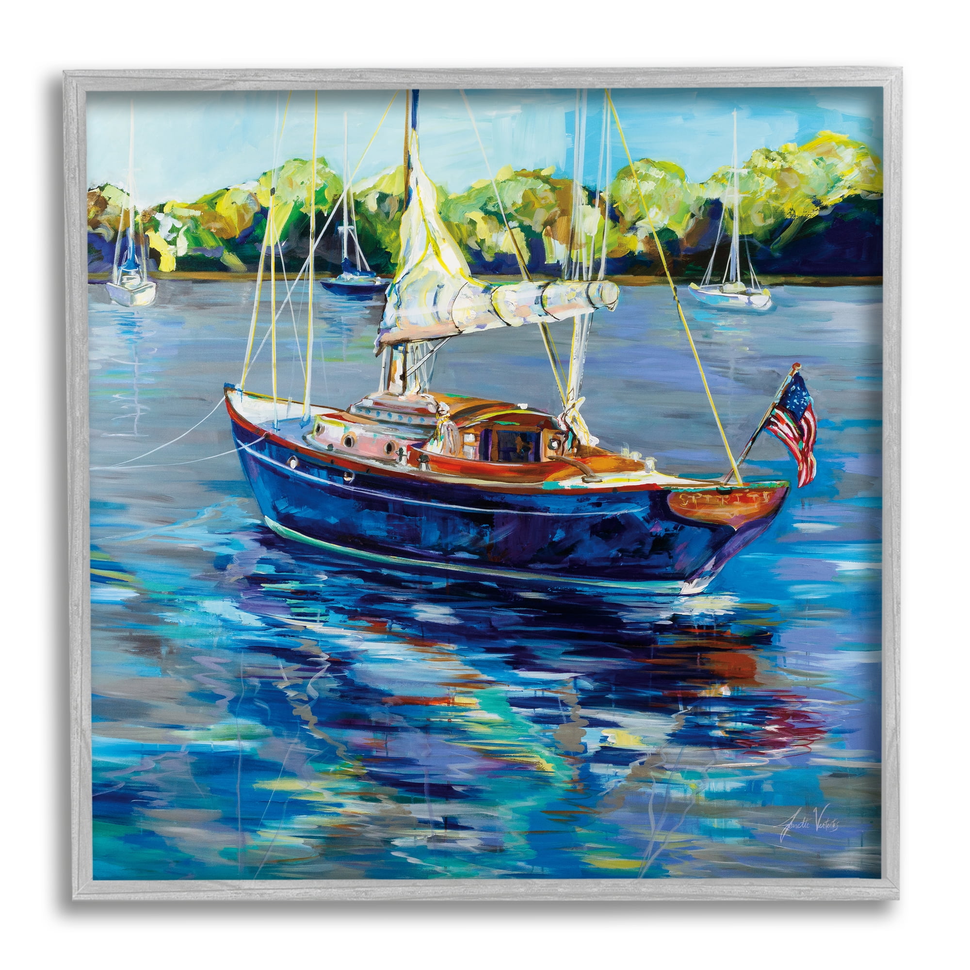 Stupell Industries Boat with American Flag Transportation Painting Gray Framed Art Print Wall Art, 24 x 24