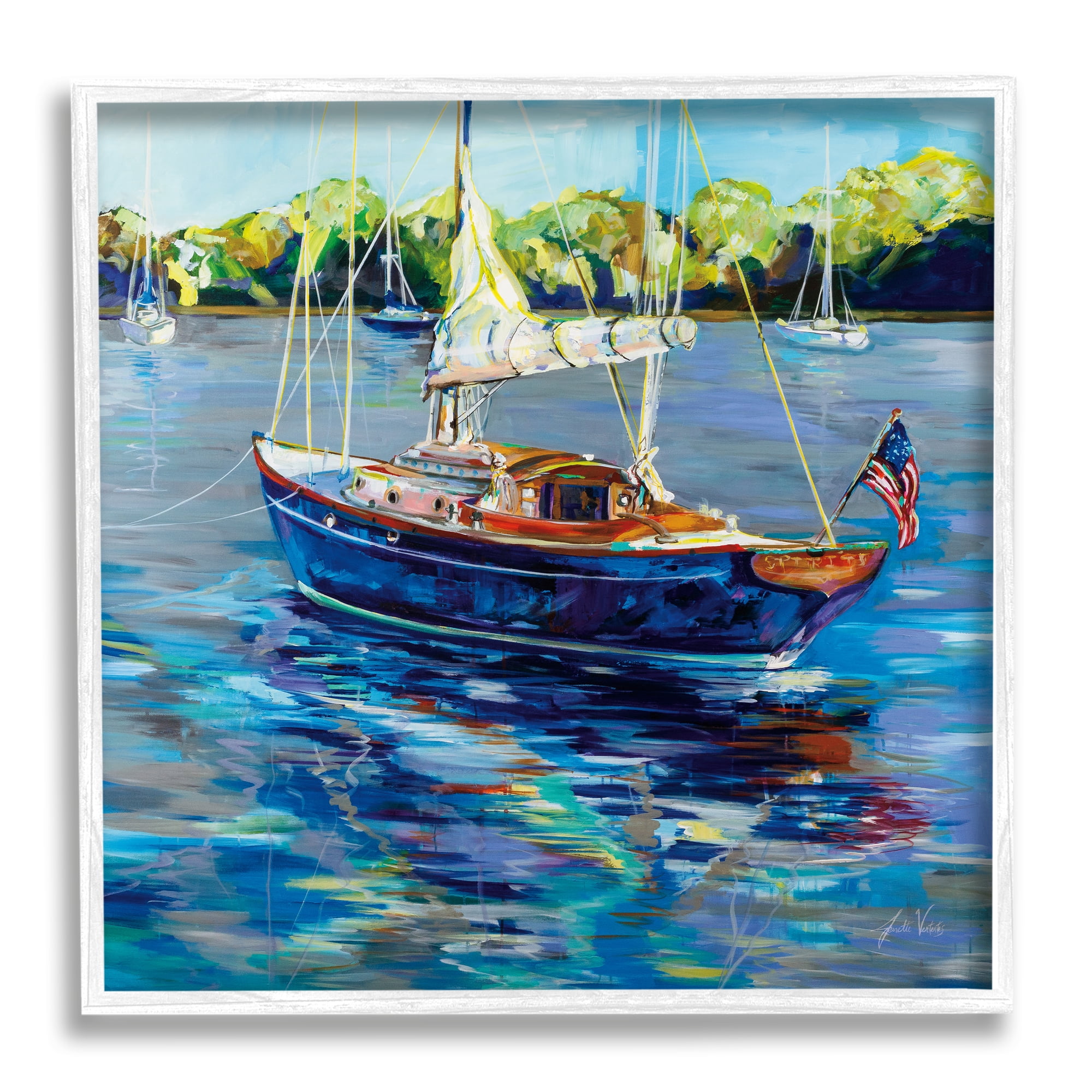 Stupell Industries Boat with American Flag Transportation Painting White Framed Art Print Wall Art, 17 x 17