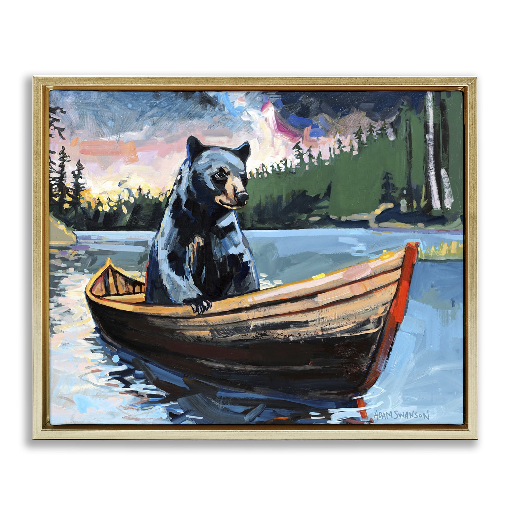 Stupell Industries Boating Black Bear Animals Painting Gold Floater Framed Canvas Art Print Wall Art, 21 x 17