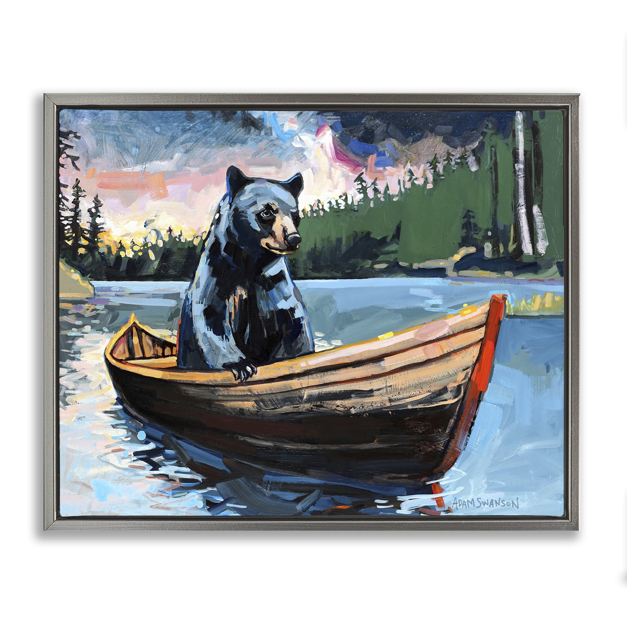Stupell Industries Boating Black Bear Animals Painting Gray Floater Framed Canvas Art Print Wall Art, 31 x 25