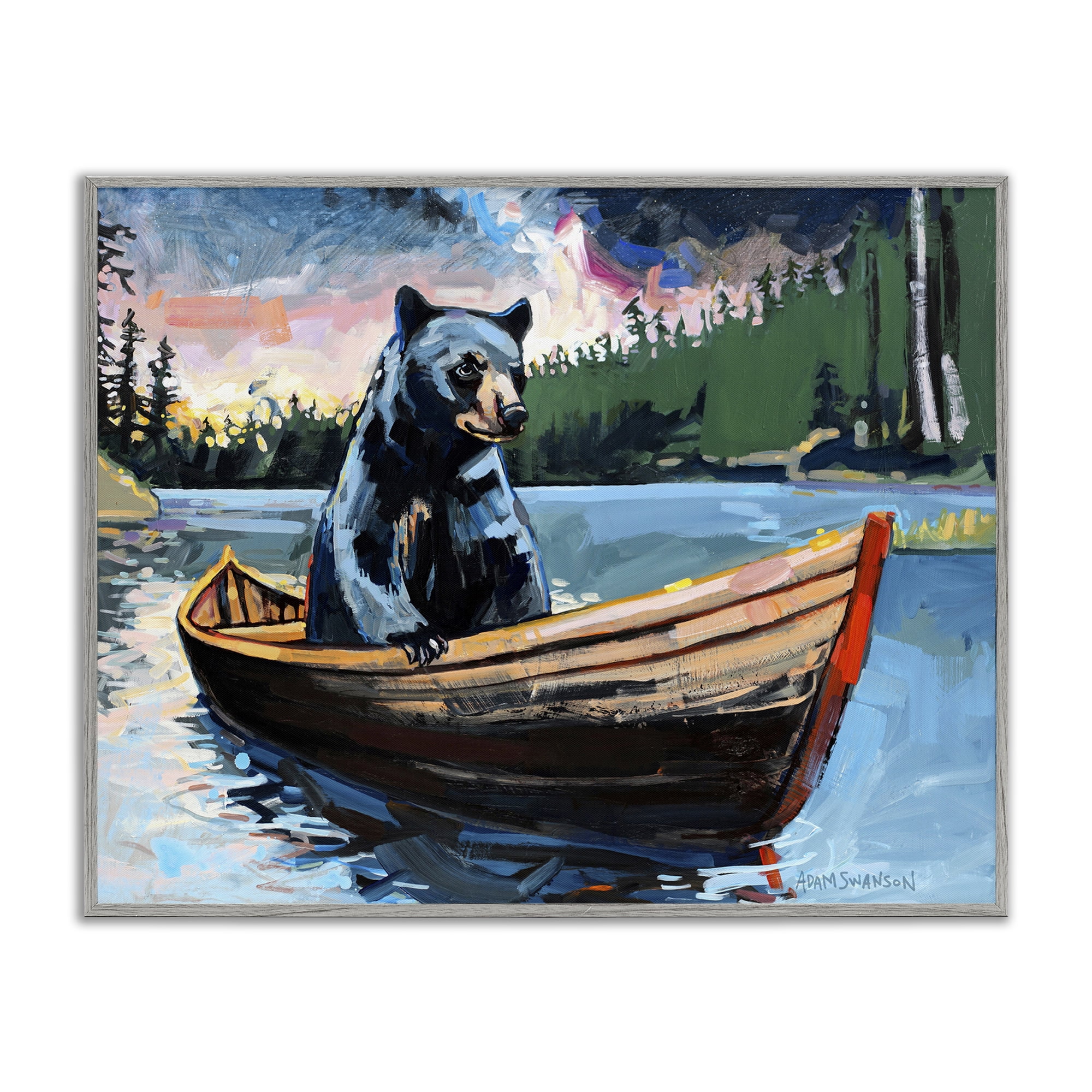 Stupell Industries Boating Black Bear Animals Painting Gray Framed Art Print Wall Art, 20 x 16