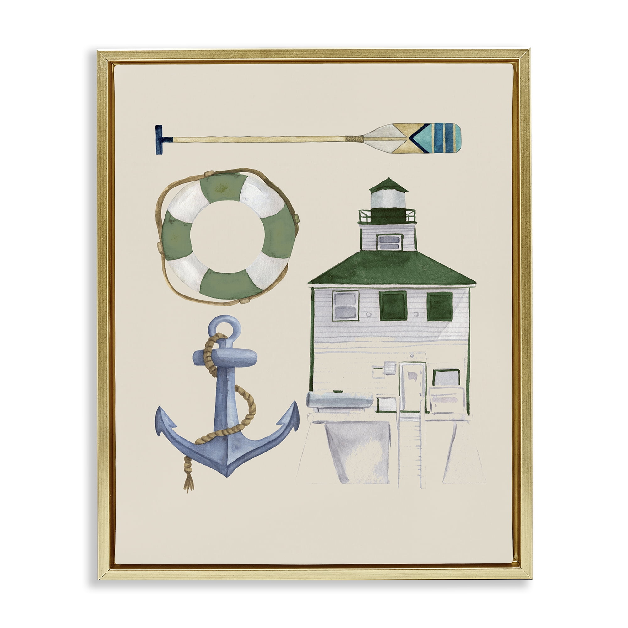 Stupell Industries Boating & Lake Gear Nautical & Beach Painting Gold Floater Framed Canvas Art Print Wall Art, 17 x 21