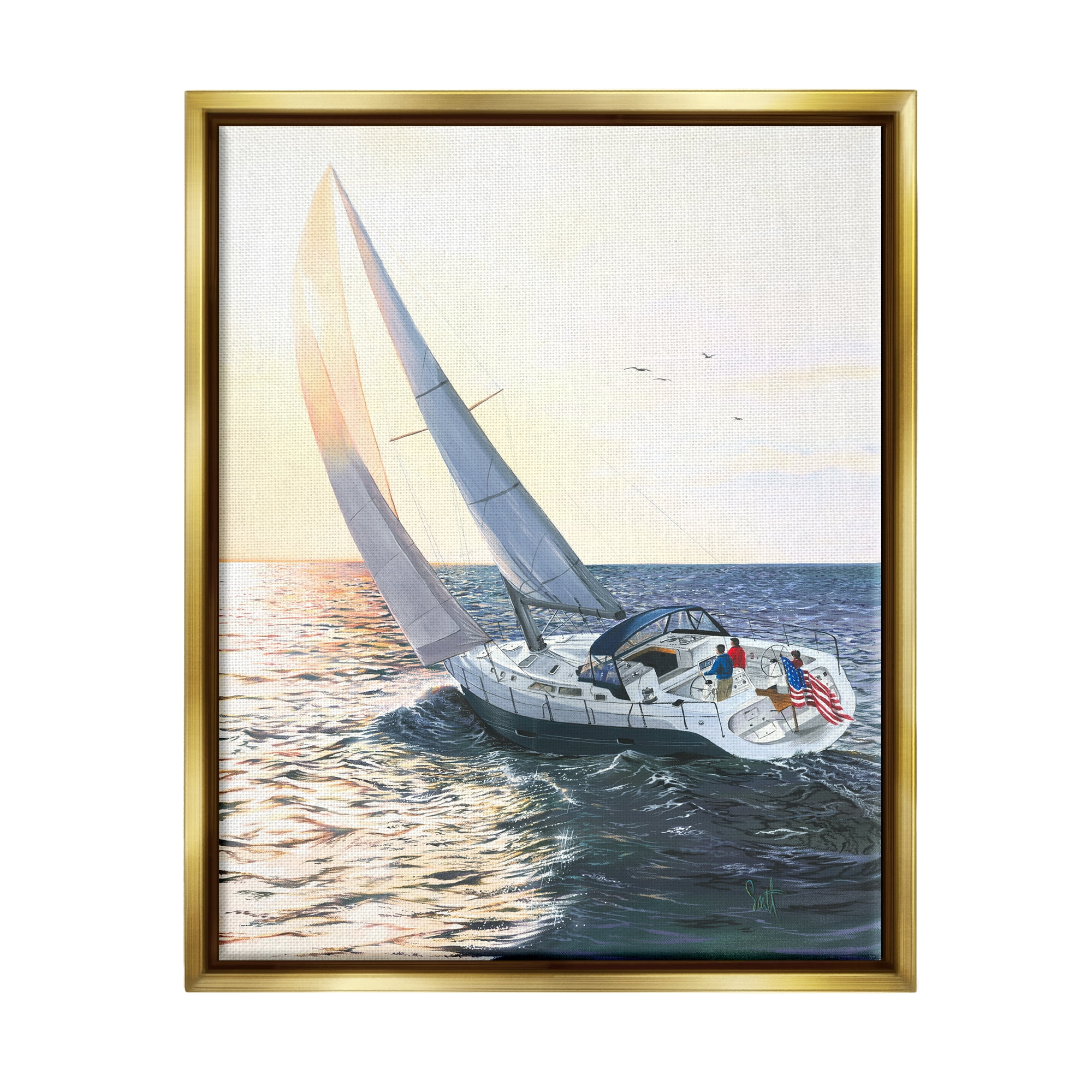 Stupell Industries Boating at Sunrise Transportation Painting Gold Floater Framed Art Print Wall Art, 17 x 21