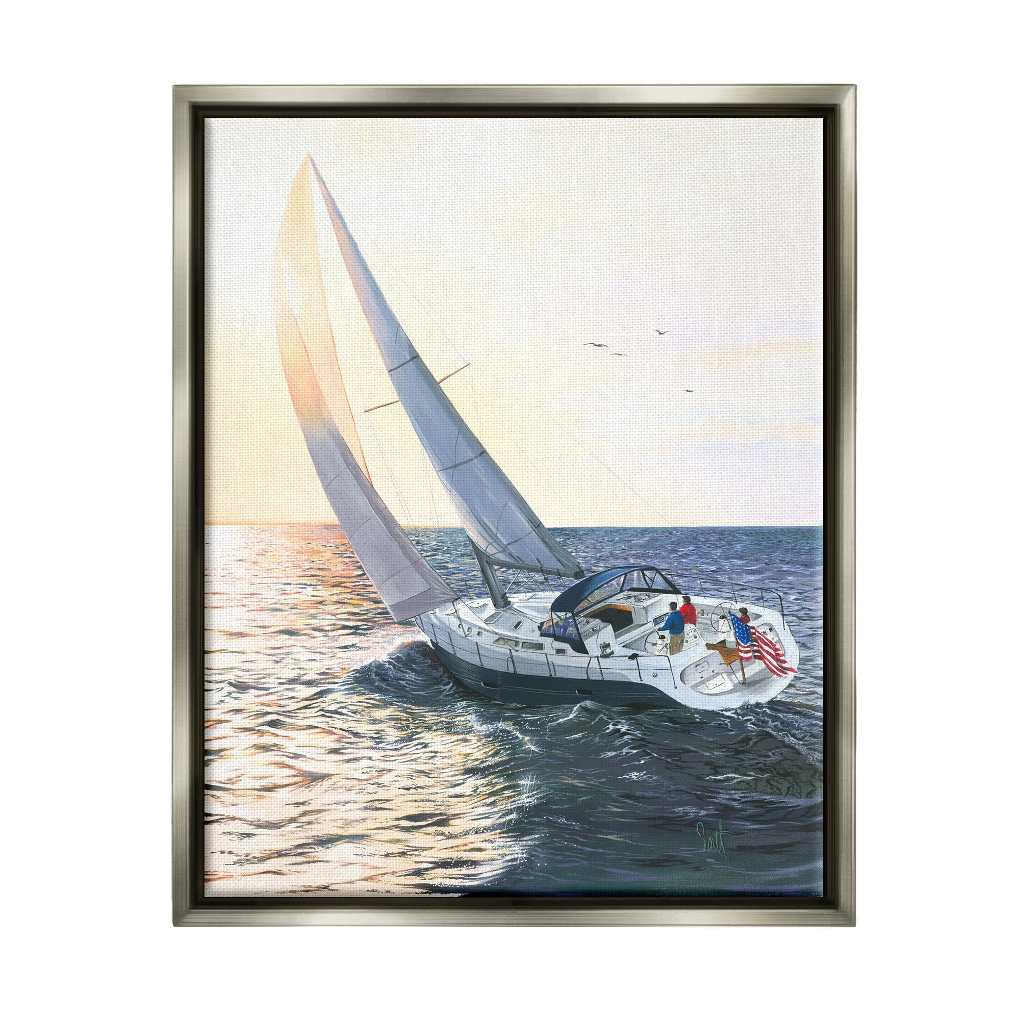 Stupell Industries Boating at Sunrise Transportation Painting Gray Floater Framed Art Print Wall Art, 17 x 21