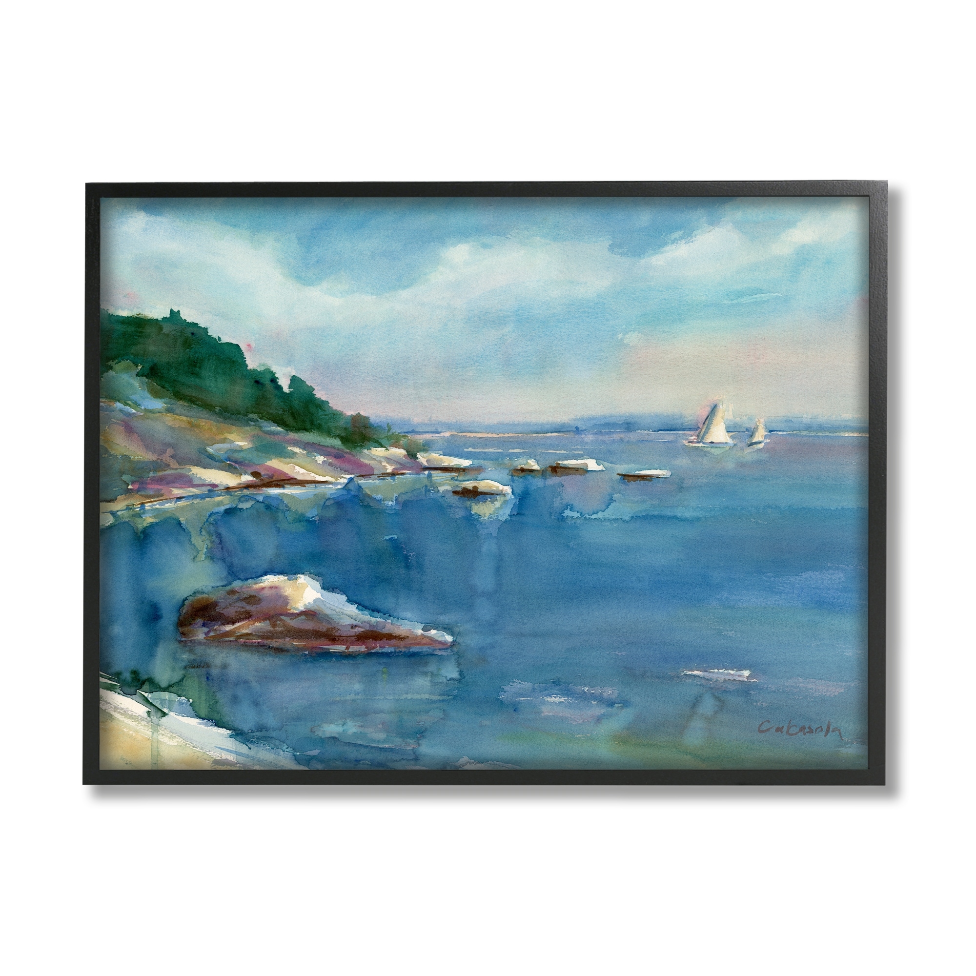 Stupell Industries Boats Floating Rocky Beach Cliffs Watercolor Detail Painting Black Framed Art Print Wall Art, Design by Stephen Calcasola