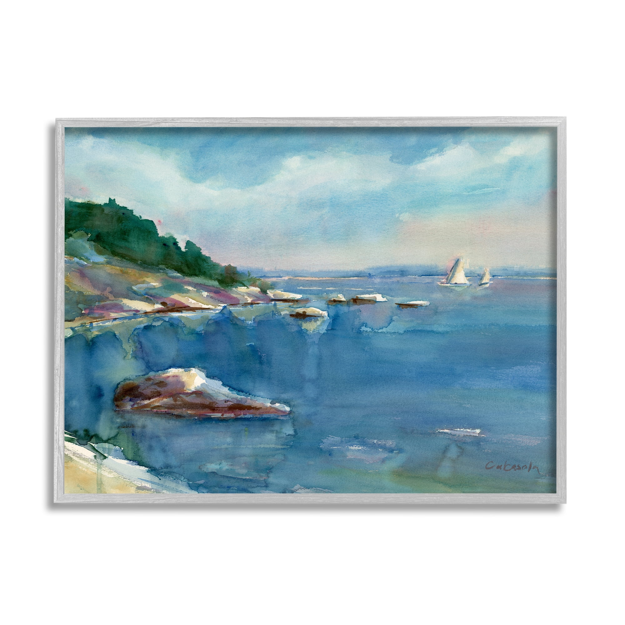 Stupell Industries Boats Floating Rocky Beach Cliffs Watercolor Detail Painting Gray Framed Art Print Wall Art, Design by Stephen Calcasola