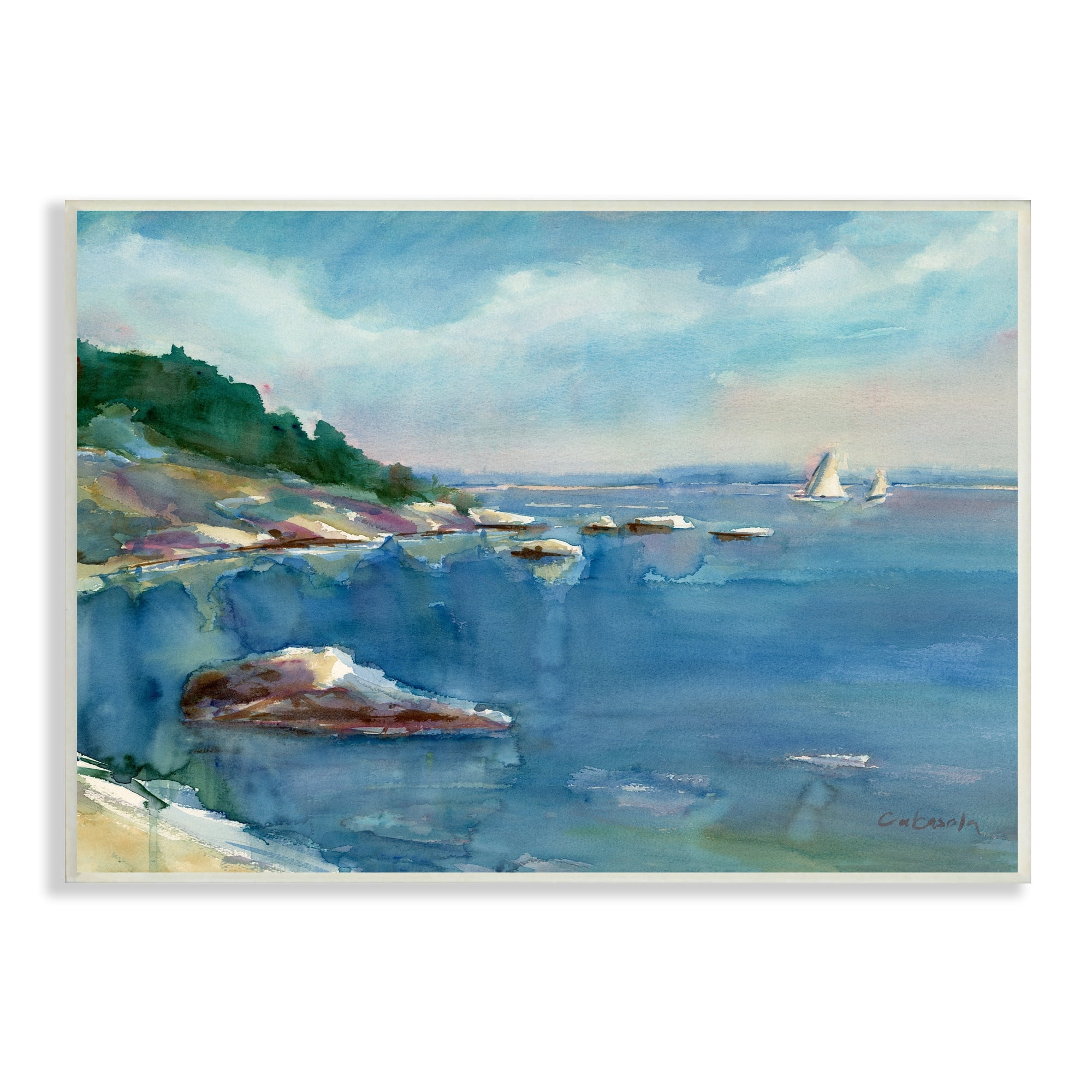 Stupell Industries Boats Floating Rocky Beach Cliffs Watercolor Detail Painting Unframed Art Print Wall Art, Design by Stephen Calcasola