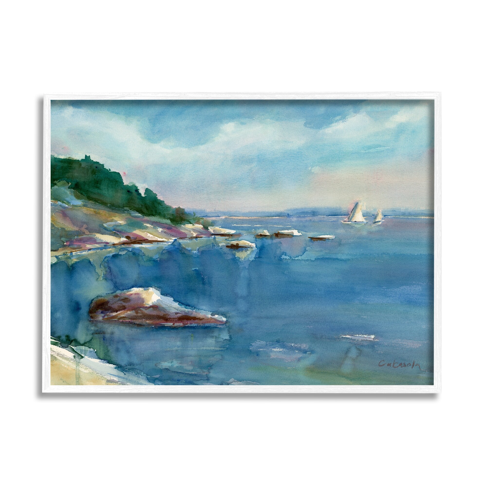 Stupell Industries Boats Floating Rocky Beach Cliffs Watercolor Detail Painting White Framed Art Print Wall Art, Design by Stephen Calcasola