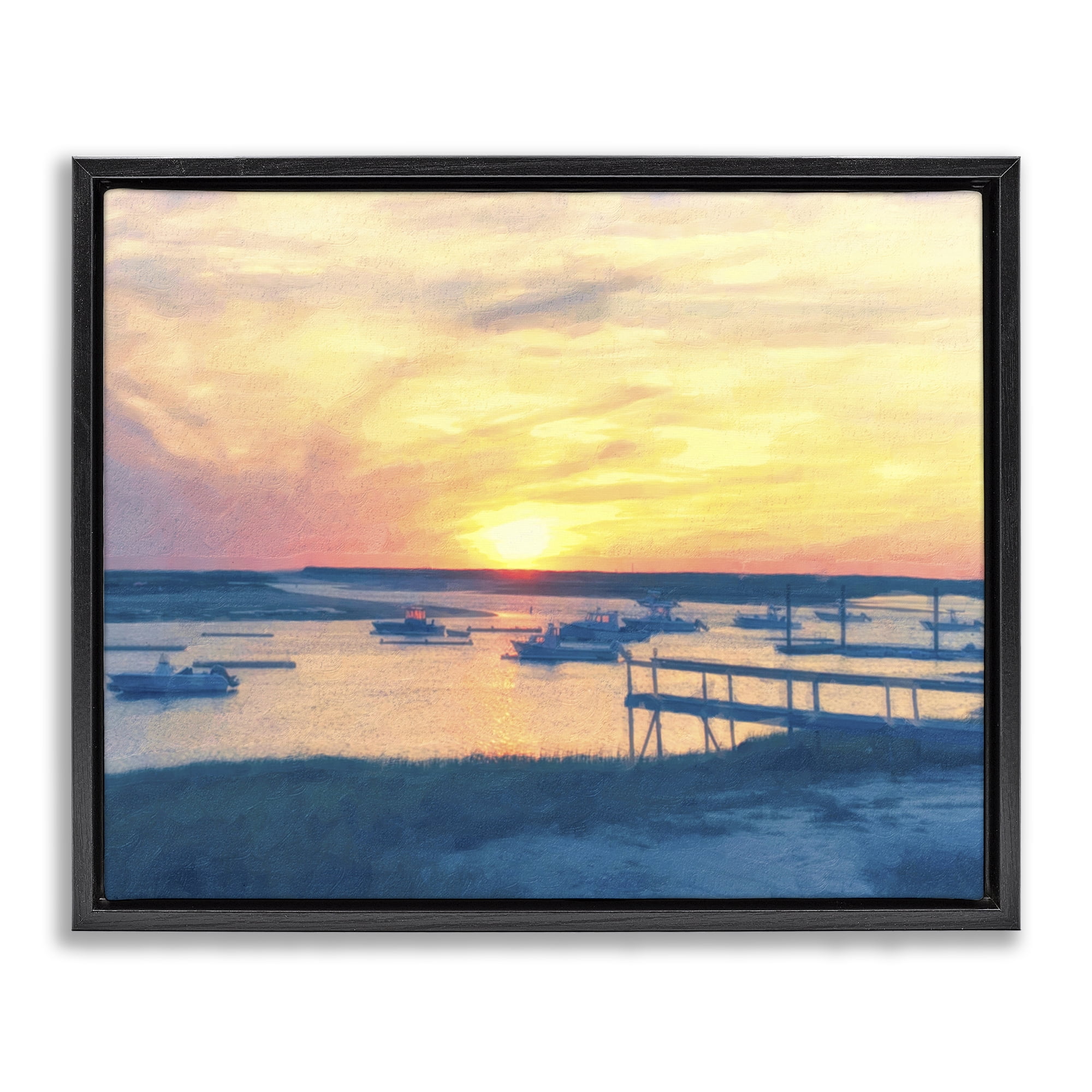 Stupell Industries Boats Illuminated at Sunset Landscape & Nature Painting Black Floater Framed Canvas Art Print Wall Art, 21 x 17