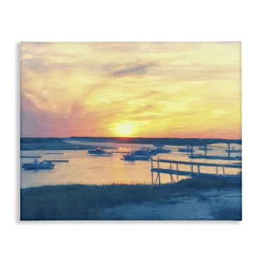 Stupell Industries Boats Illuminated at Sunset Landscape & Nature Painting Wrapped Canvas Art Print Wall Art, 20 x 16