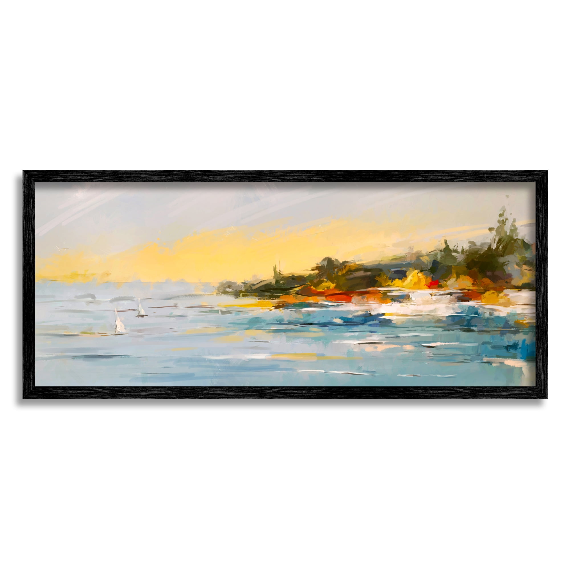 Stupell Industries Boats Ocean Scenery Landscape Painting Black Framed Art Print Wall Art, 30 x 13
