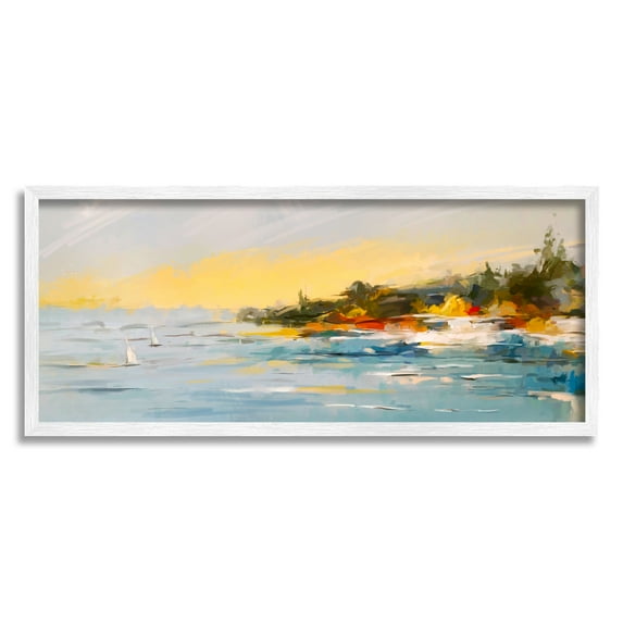 Stupell Industries Boats Ocean Scenery Landscape Painting White Framed Art Print Wall Art, 30 x 13