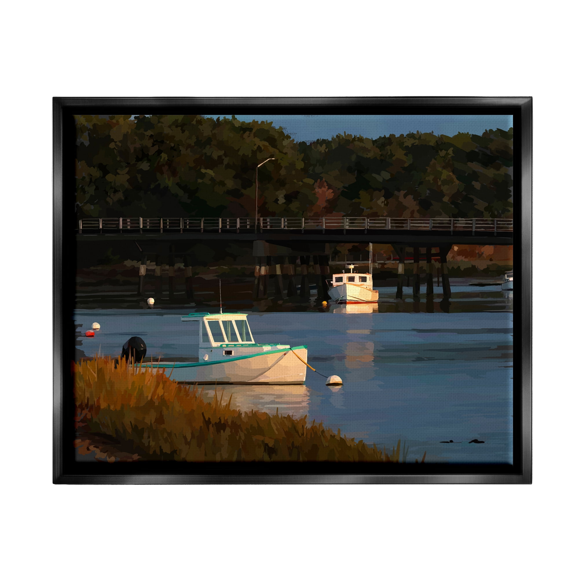 Stupell Industries Boats Under Bridge River Scenery Coastal Photography Black Floater Framed Art Print Wall Art