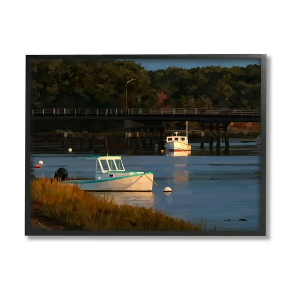Stupell Industries Boats Under Bridge River Scenery Coastal Photography Black Framed Art Print Wall Art