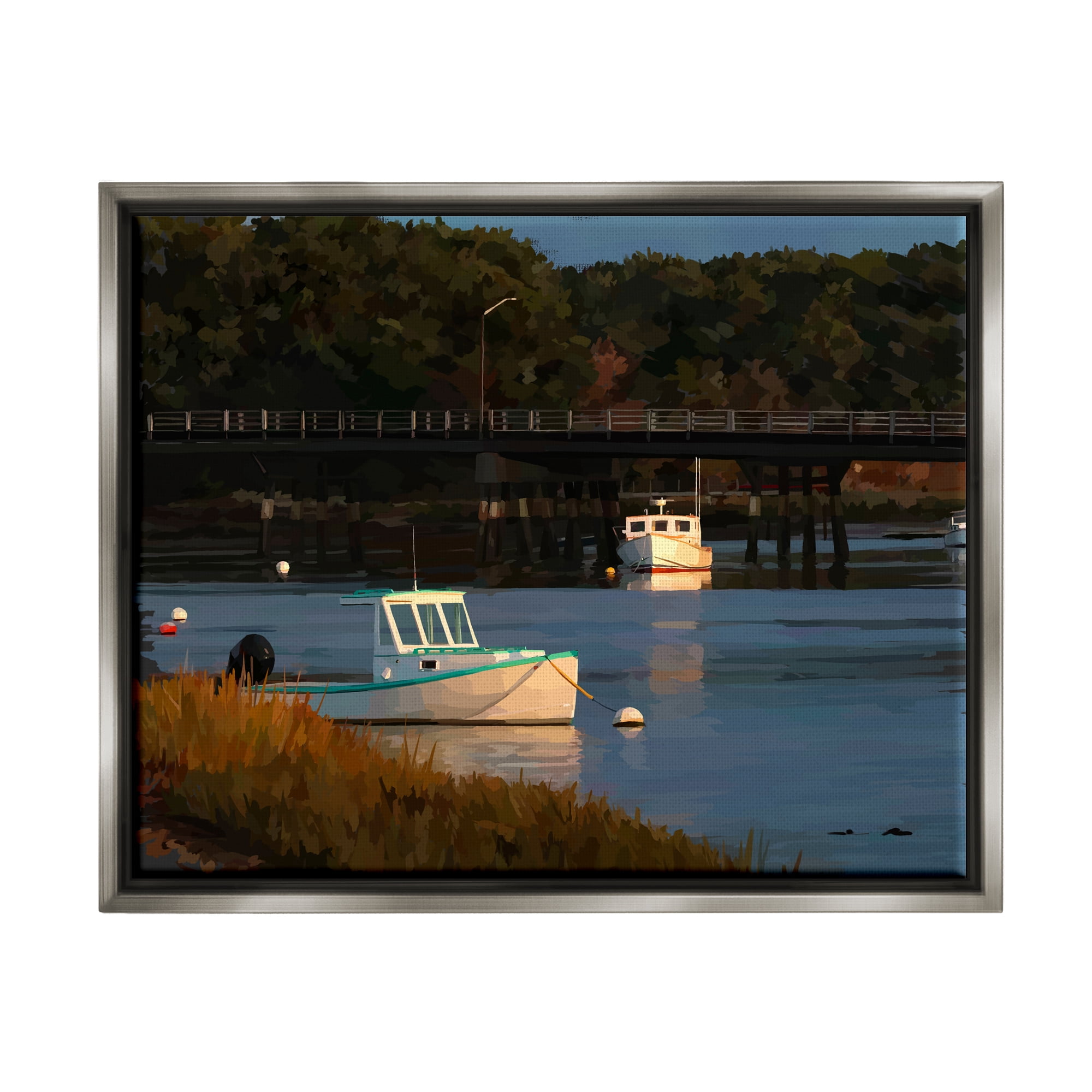 Stupell Industries Boats Under Bridge River Scenery Coastal Photography Gray Floater Framed Art Print Wall Art