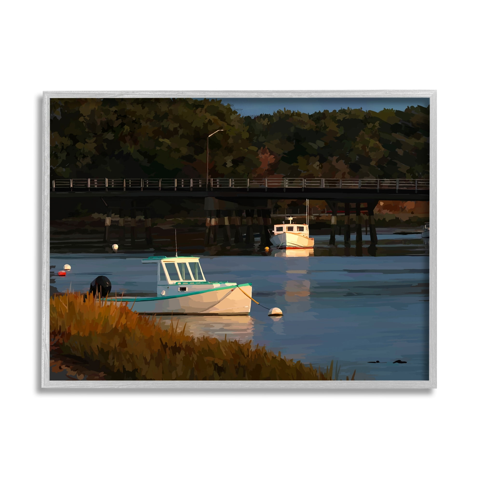Stupell Industries Boats Under Bridge River Scenery Coastal Photography Gray Framed Art Print Wall Art