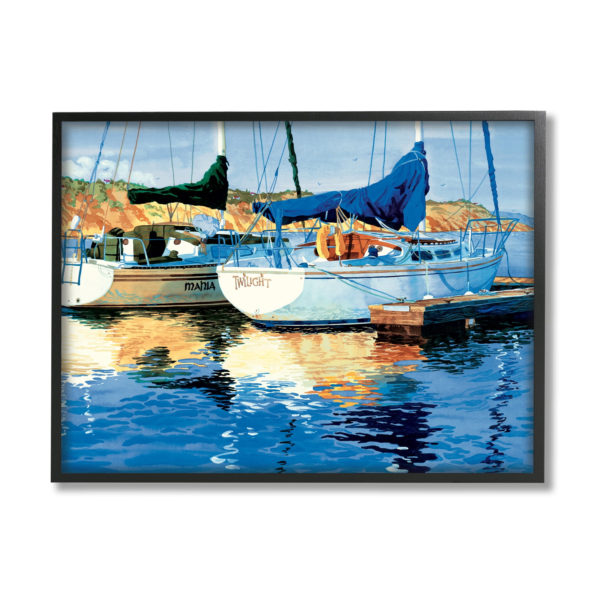 Stupell Industries Boats at Marina Dock Transportation Painting Black Framed Art Print Wall Art, 30 x 24