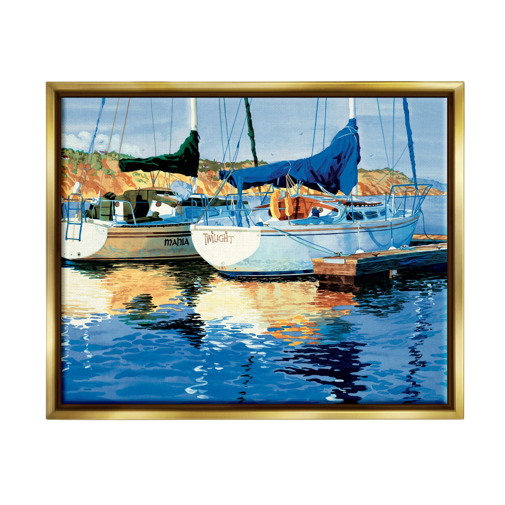 Stupell Industries Boats at Marina Dock Transportation Painting Gold Floater Framed Art Print Wall Art, 31 x 25