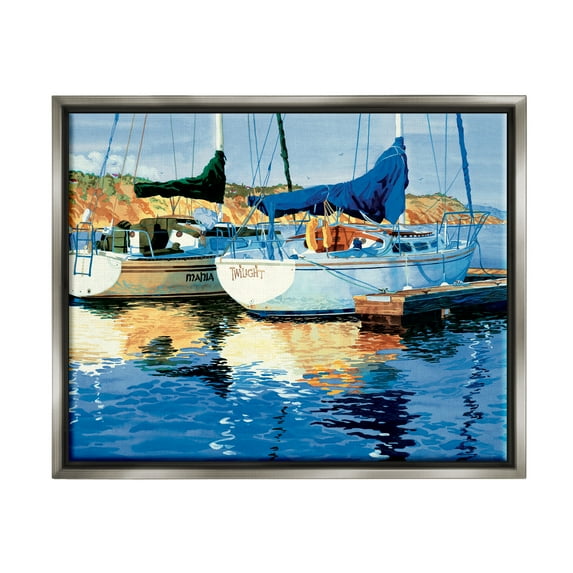 Stupell Industries Boats at Marina Dock Transportation Painting Gray Floater Framed Art Print Wall Art, 21 x 17