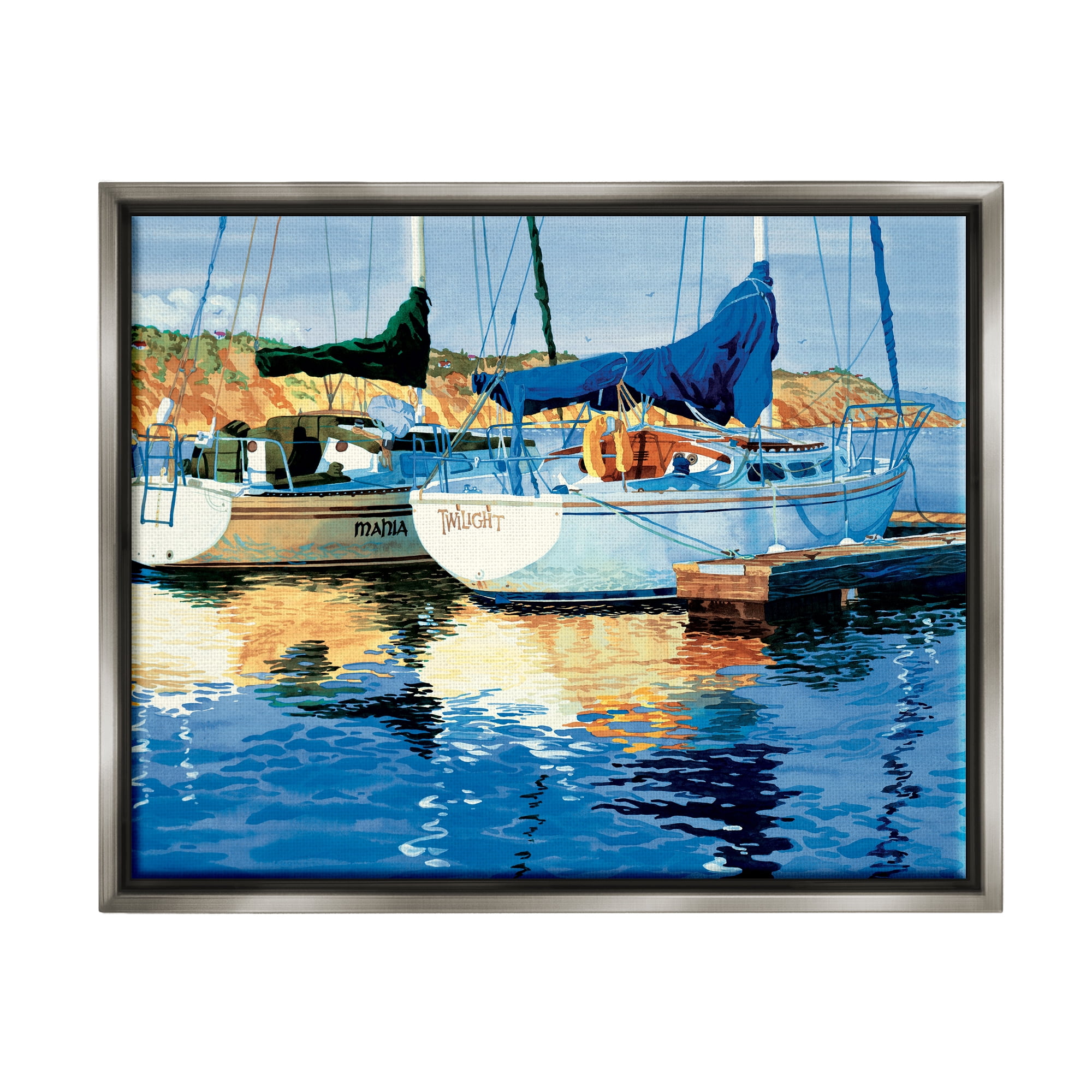 Stupell Industries Boats at Marina Dock Transportation Painting Gray Floater Framed Art Print Wall Art, 31 x 25
