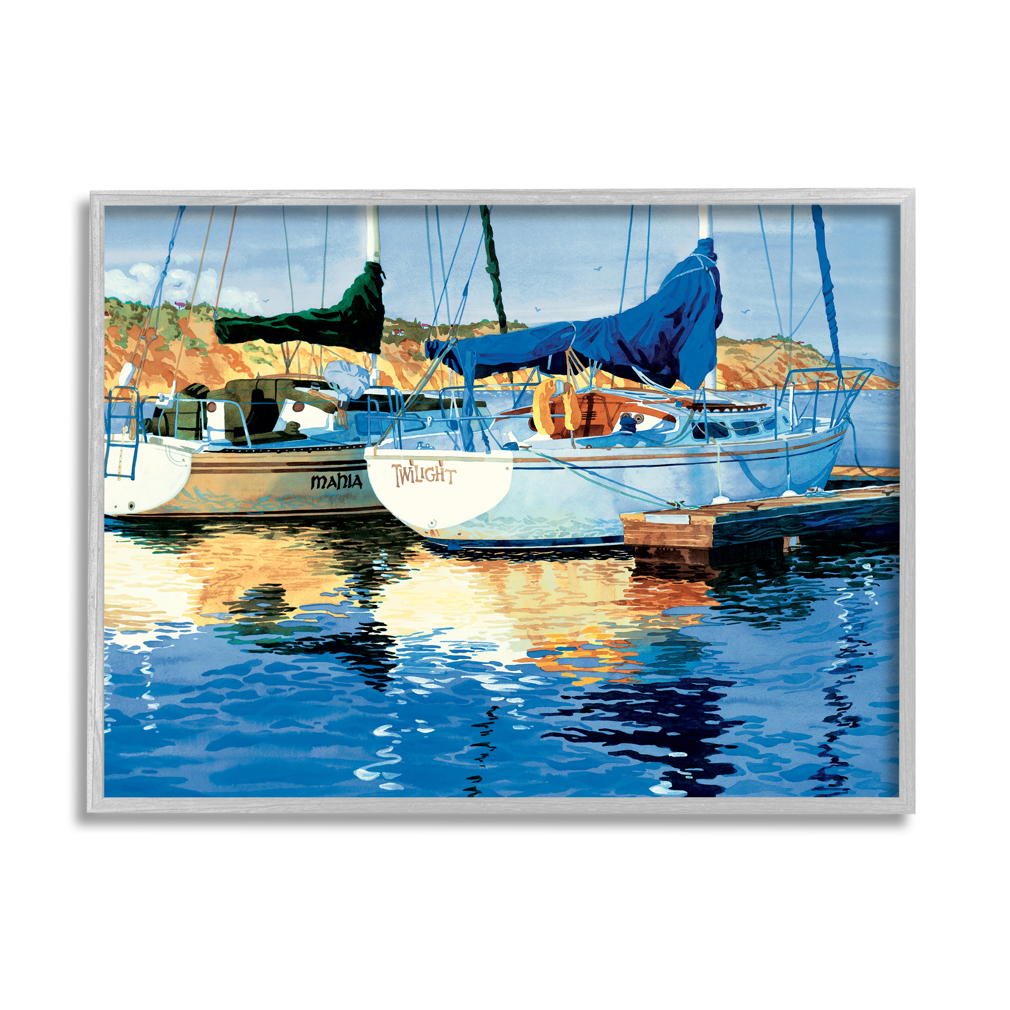 Stupell Industries Boats at Marina Dock Transportation Painting Gray Framed Art Print Wall Art, 30 x 24