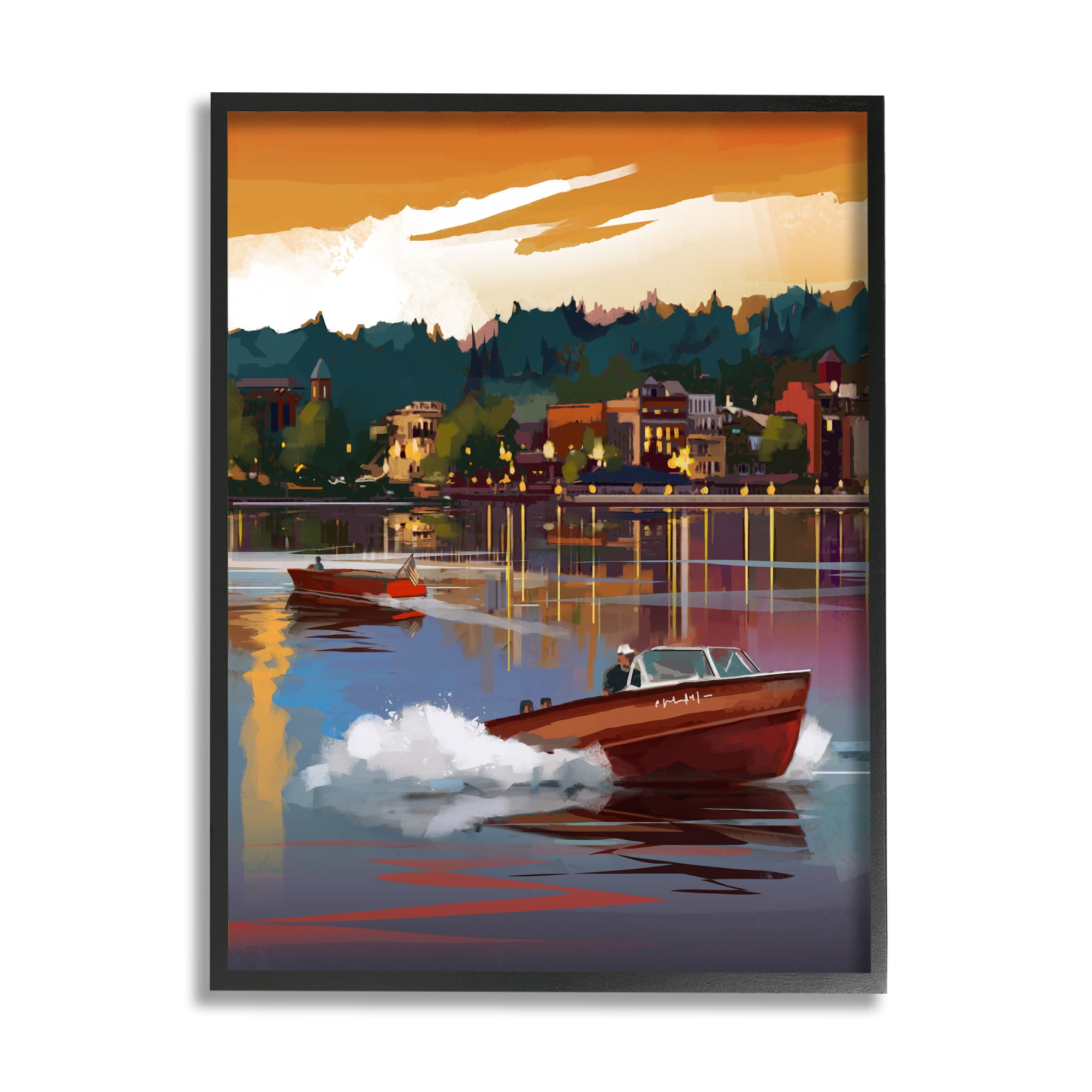Stupell Industries Boats at Sunset Pier Transportation Painting Black Framed Art Print Wall Art, 24 x 30