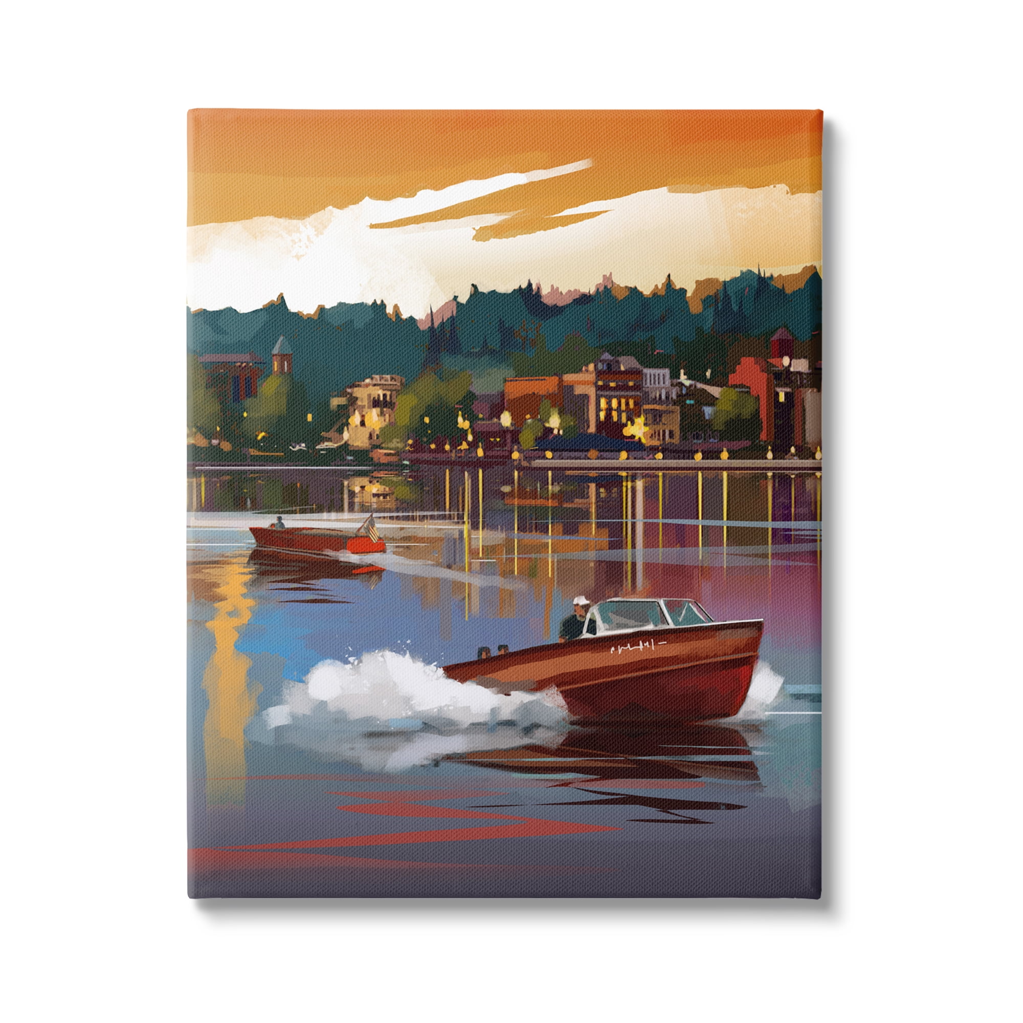 Stupell Industries Boats at Sunset Pier Transportation Painting Gallery Wrapped Canvas Art Print Wall Art, 36 x 48