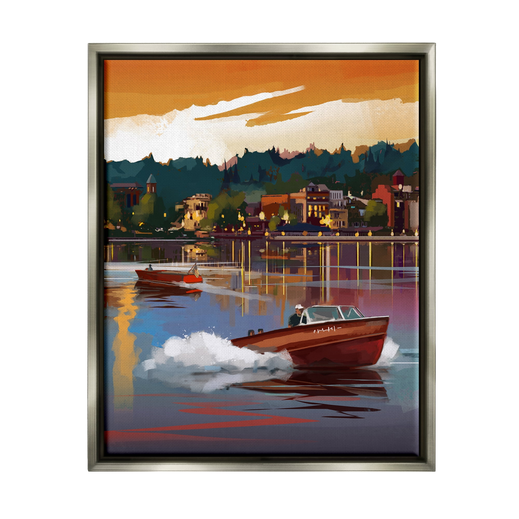 Stupell Industries Boats at Sunset Pier Transportation Painting Gray Floater Framed Canvas Art Print Wall Art, 17 x 21