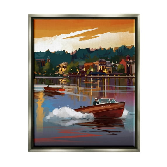 Stupell Industries Boats at Sunset Pier Transportation Painting Gray Floater Framed Canvas Art Print Wall Art, 25 x 31