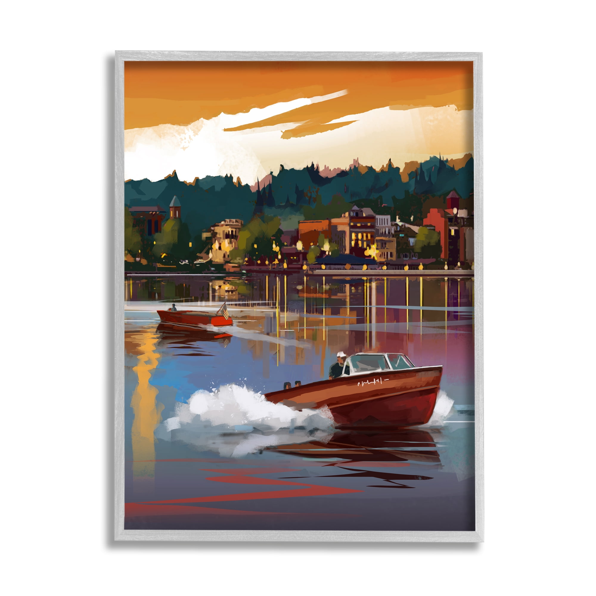 Stupell Industries Boats at Sunset Pier Transportation Painting Gray Framed Art Print Wall Art, 11 x 14