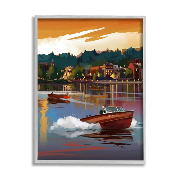Stupell Industries Boats at Sunset Pier Transportation Painting Gray Framed Art Print Wall Art, 24 x 30