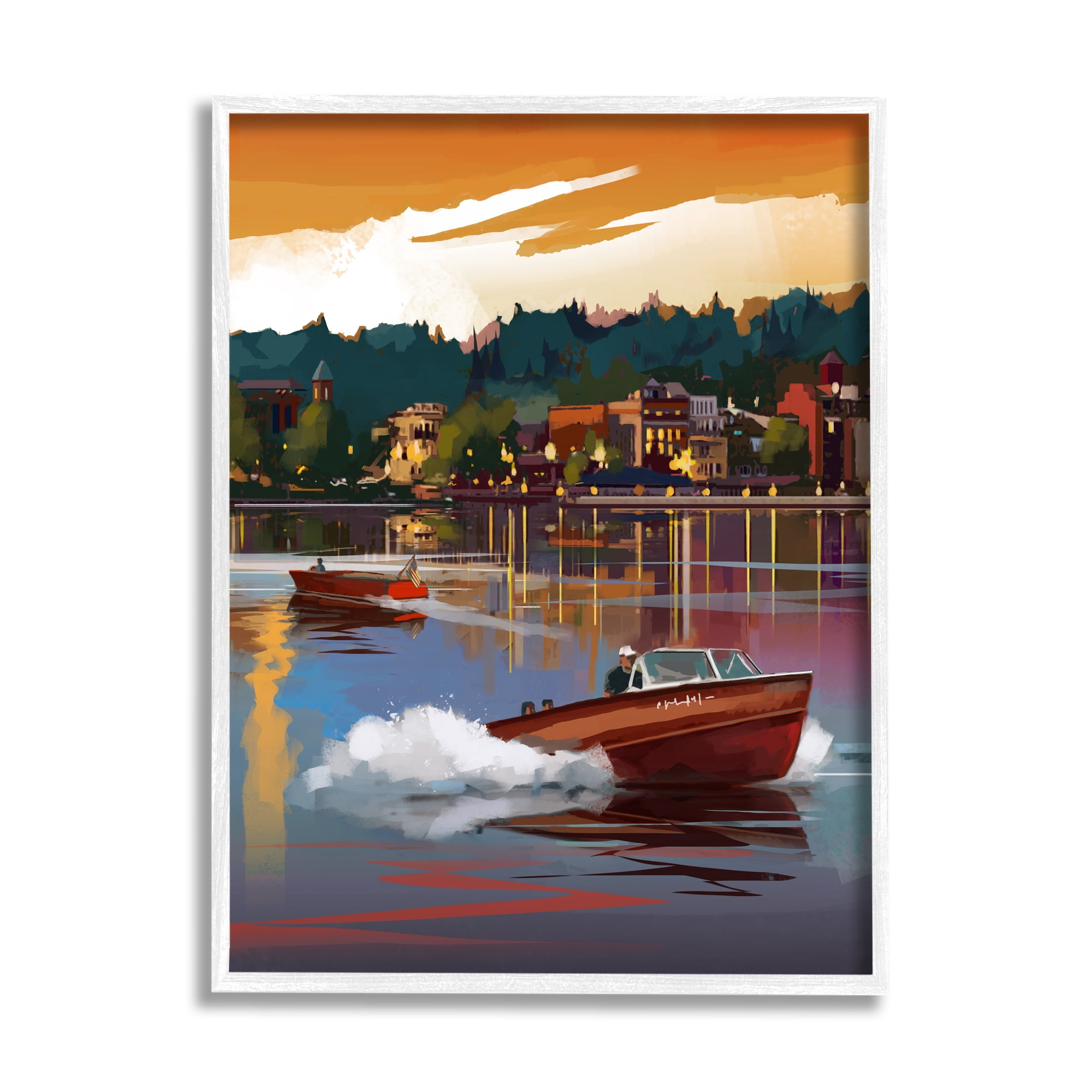 Stupell Industries Boats at Sunset Pier Transportation Painting White Framed Art Print Wall Art, 16 x 20