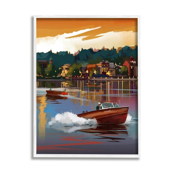 Stupell Industries Boats at Sunset Pier Transportation Painting White Framed Art Print Wall Art, 24 x 30