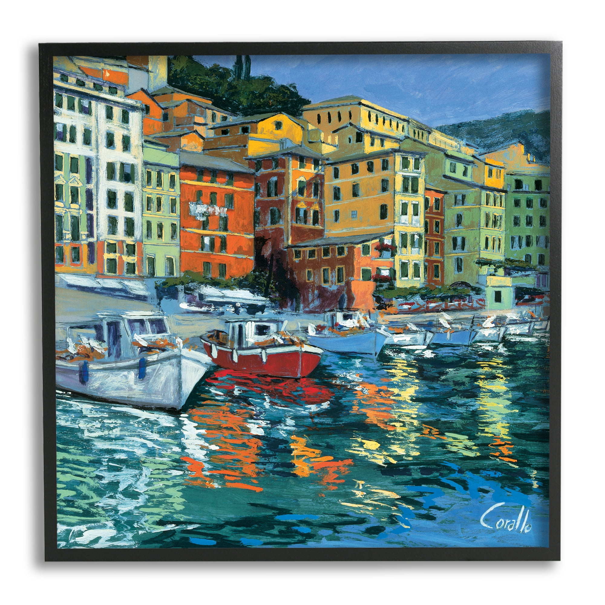 Stupell Industries Boats in Harbor Pier Transportation Painting Black Framed Art Print Wall Art, 17 x 17